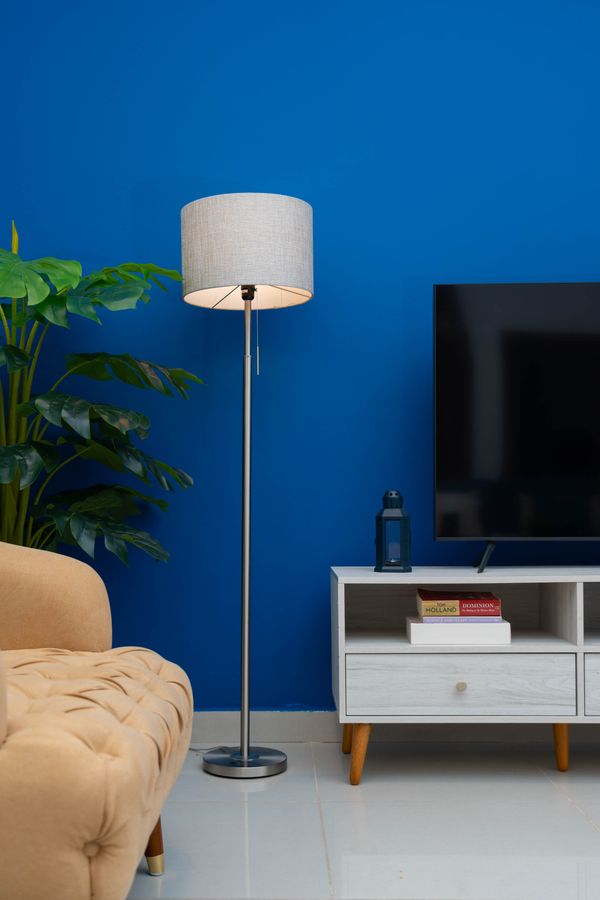 A floor lamp beside a plant